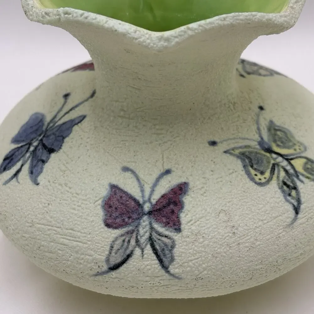 Vintage Hand Painted Textured Green Ceramic Artisan Vase With Butterflies